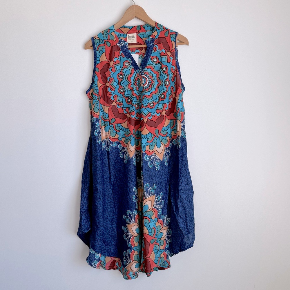Seven Islands Women's Colorful Sleeveless Mandala Dress, Blue/Orange, S, M